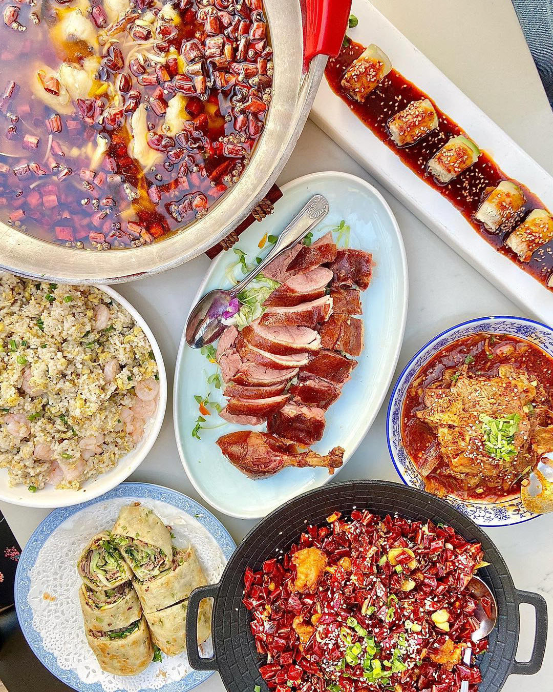 Tea Smoked Duck, Snakehead Fish in Flaming Chili Oil, Beef Pancake, Slice Pork with Garlic Spicy - Z & Y Restaurant, Chinatown - San FranciscoSauce, Couple's Delight, Chicken with Explosive Chili Pepper and Fried Rice - Z & Y Restaurant, Chinatown - San Francisco